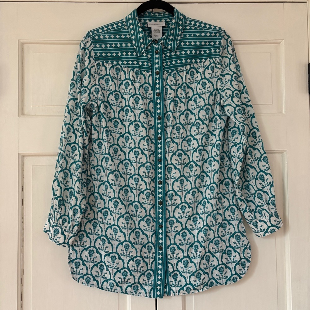Soft Surroundings Size Small Teal‎ Damask Paisley Diamond Patterned Top Blouse